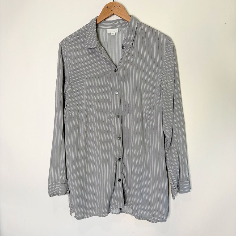 J Jill Button Up Shirt Blouse Tunic Long Gray Striped Long Sleeve Women Large